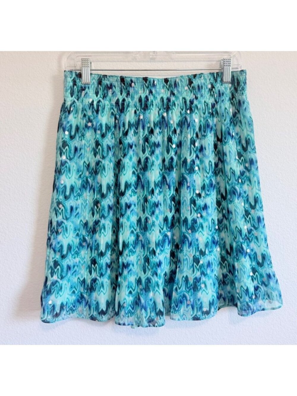 WHBM Blue Tone & Silver Dot Pull On Abstract Pleated Skirt Women's Size S